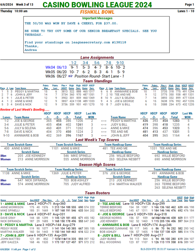 Standing Sheets CASINO BOWLING LEAGUE 2024 League Secretary